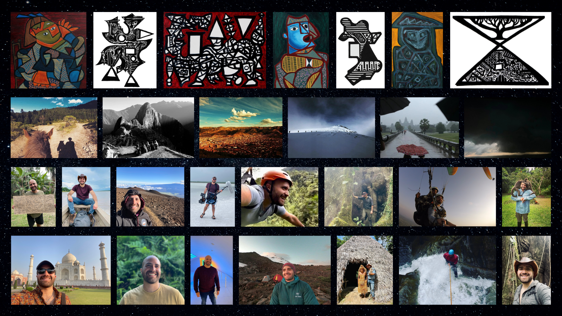 A gallery of Armando's creative life: original paintings, cinematic travel photography, and images of him filming, climbing, paragliding, and exploring across the world