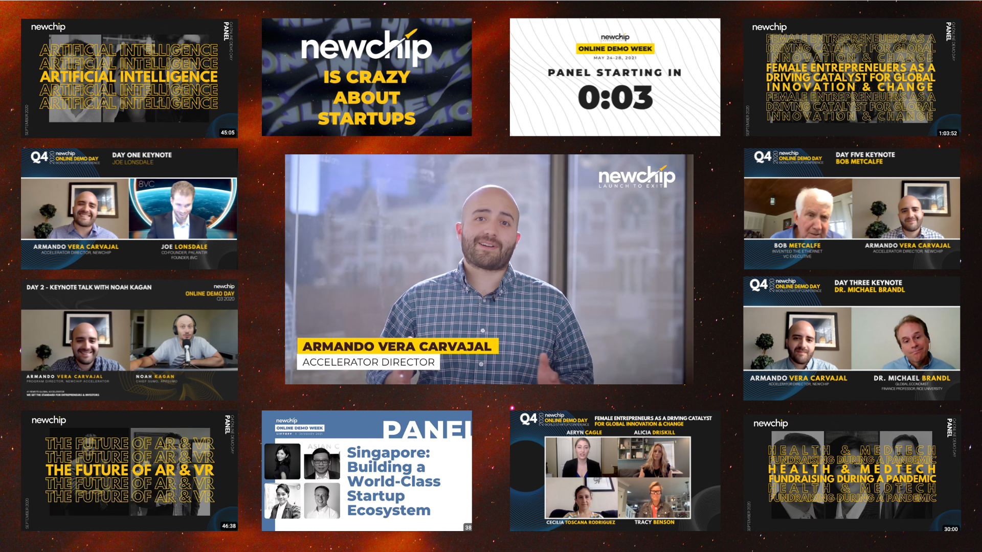 Armando Vera Carvajal hosting Online Demo Week keynotes, on-camera as Accelerator Director, with panels featuring Joe Lonsdale, Bob Metcalfe, Noah Kagan, and Dr. Michael Brandl