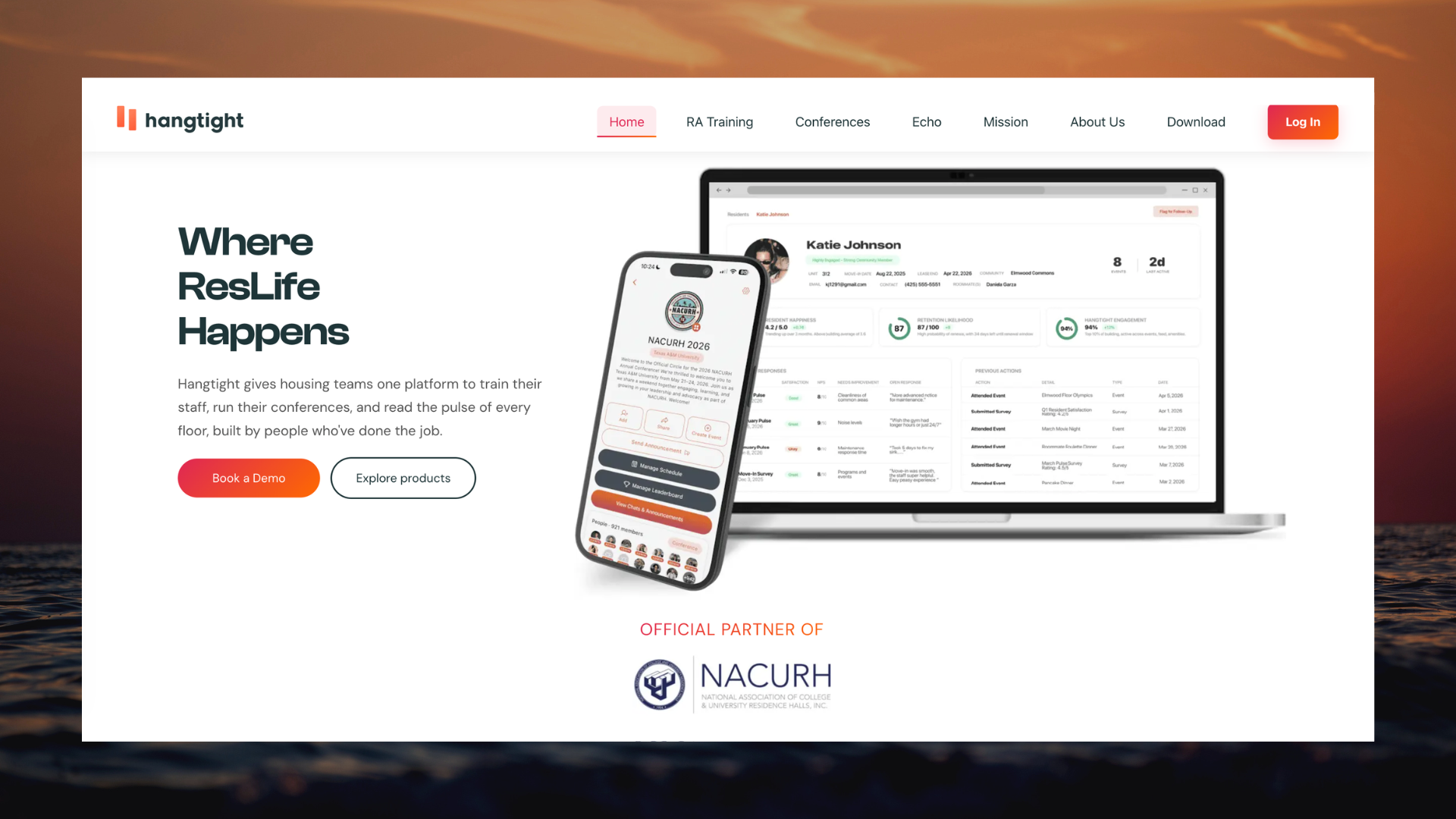 Hangtight product: resident dashboard with retention and engagement scoring, mobile community view, and NACURH partnership