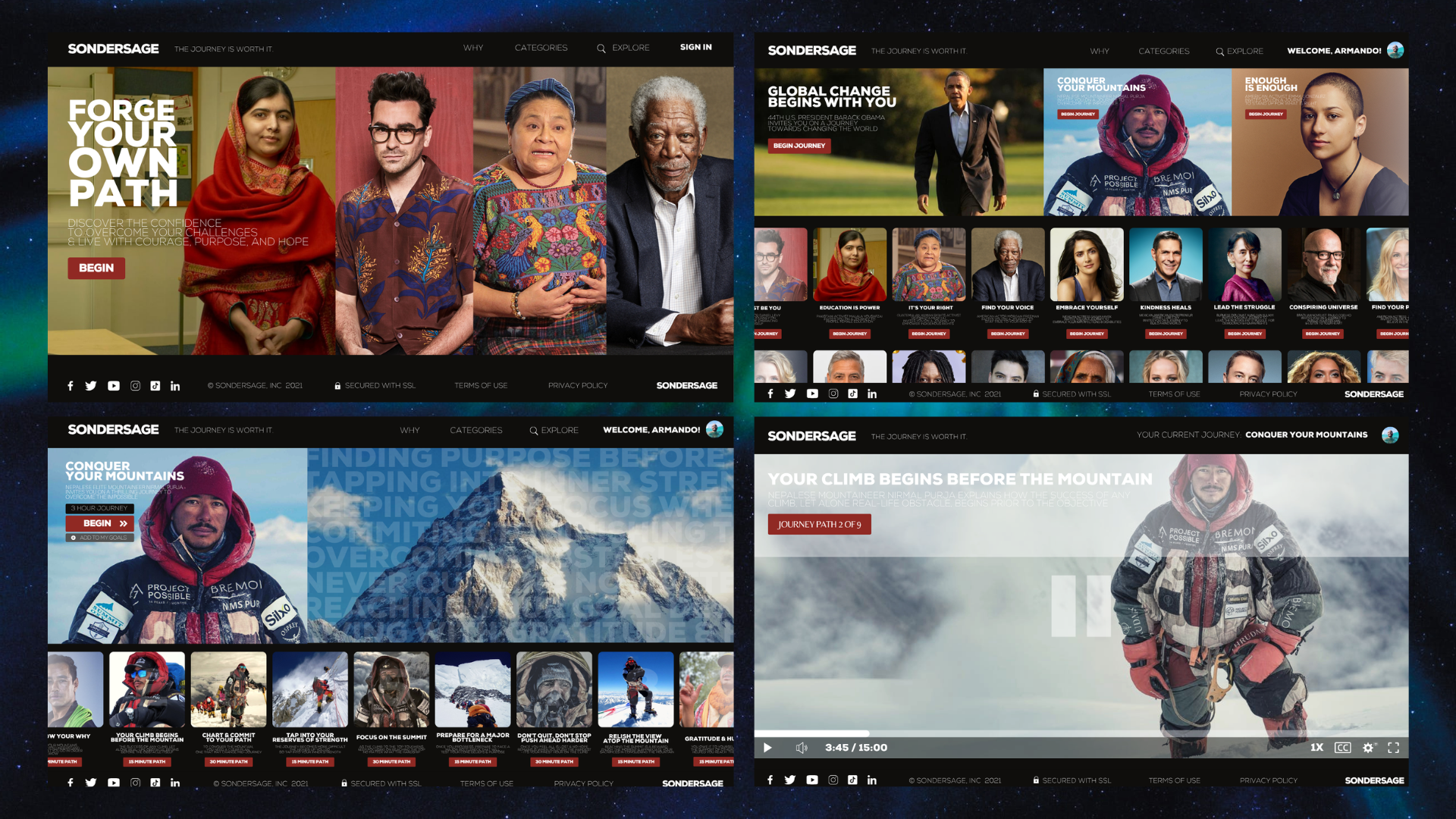 Sondersage journey experience across web and mobile: forge your own path browse, the Conquer Your Mountains journey with its episode list, and the in-player viewing experience