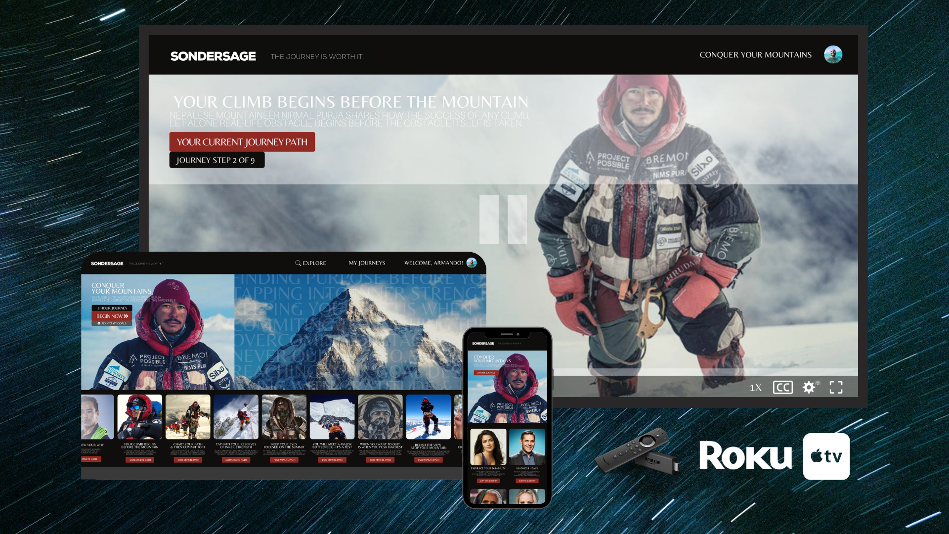 Sondersage OTT platform shown across TV, laptop, and mobile, with Roku, Fire TV, and Apple TV, playing a Conquer Your Mountains journey